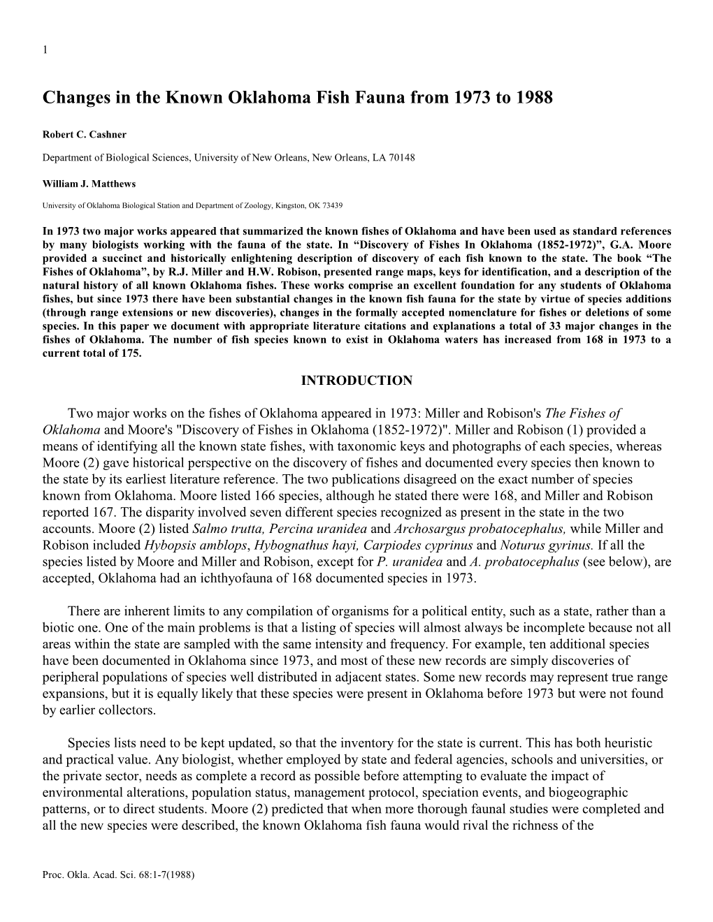 Changes in the Known Oklahoma Fish Fauna from 1973 to 1988