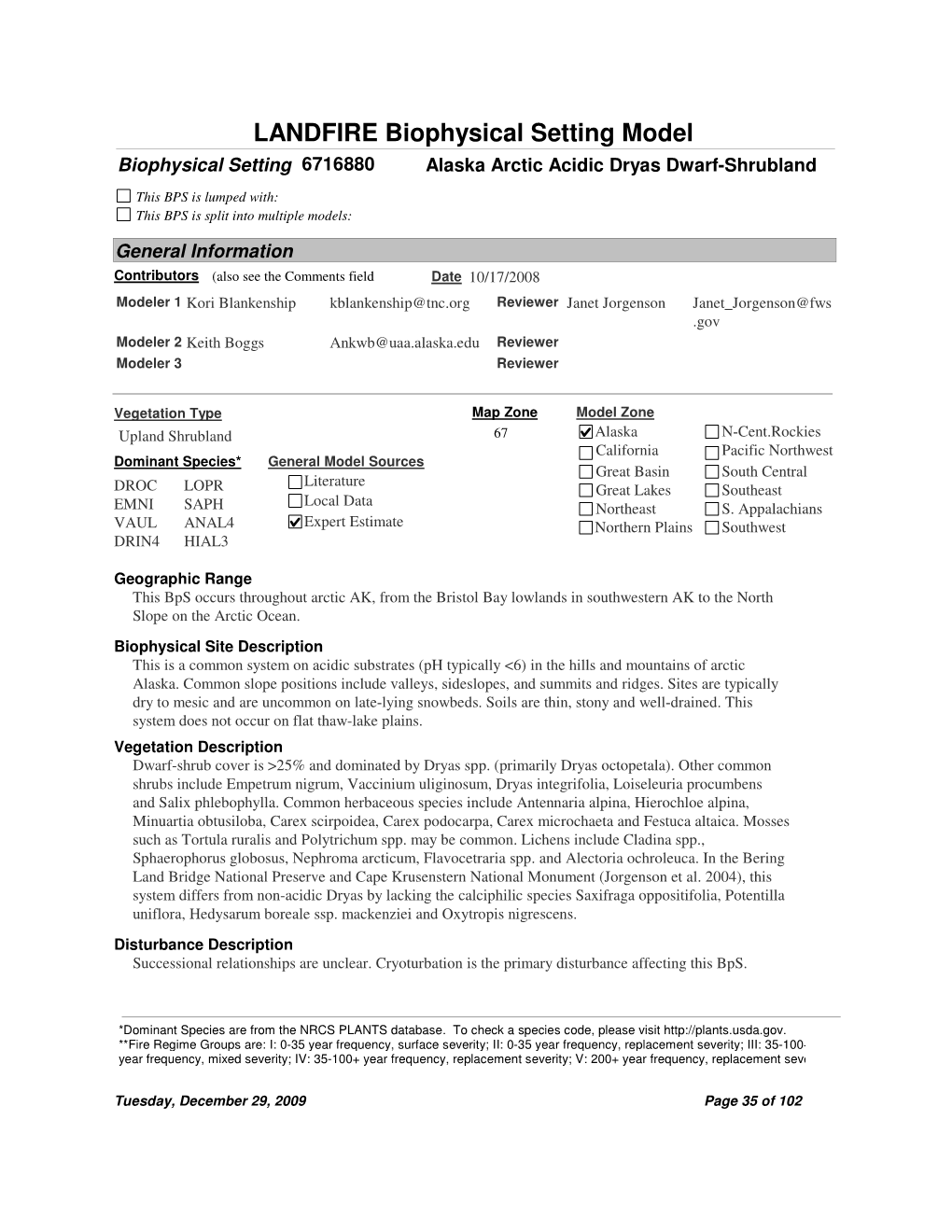 LANDFIRE Biophysical Setting Model Biophysical Setting 6716880 Alaska Arctic Acidic Dryas Dwarf-Shrubland