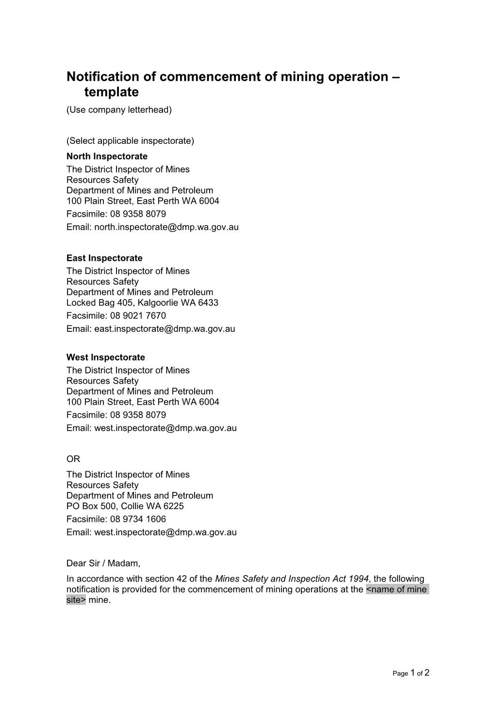 MS - Form - Notification of Change in Mine Operating Status - Commencement