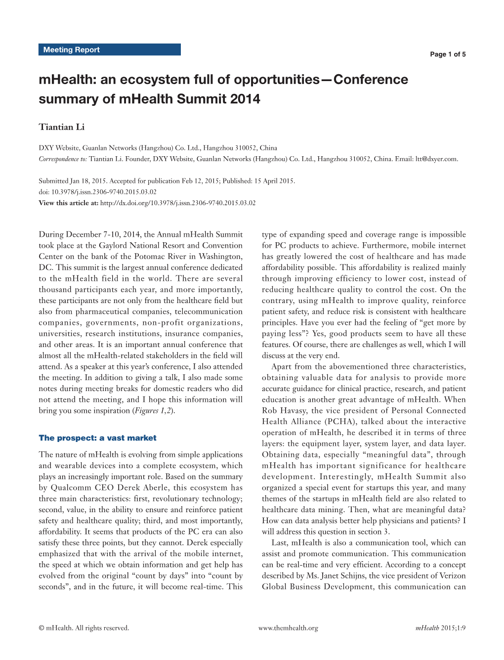 An Ecosystem Full of Opportunities—Conference Summary of Mhealth Summit 2014