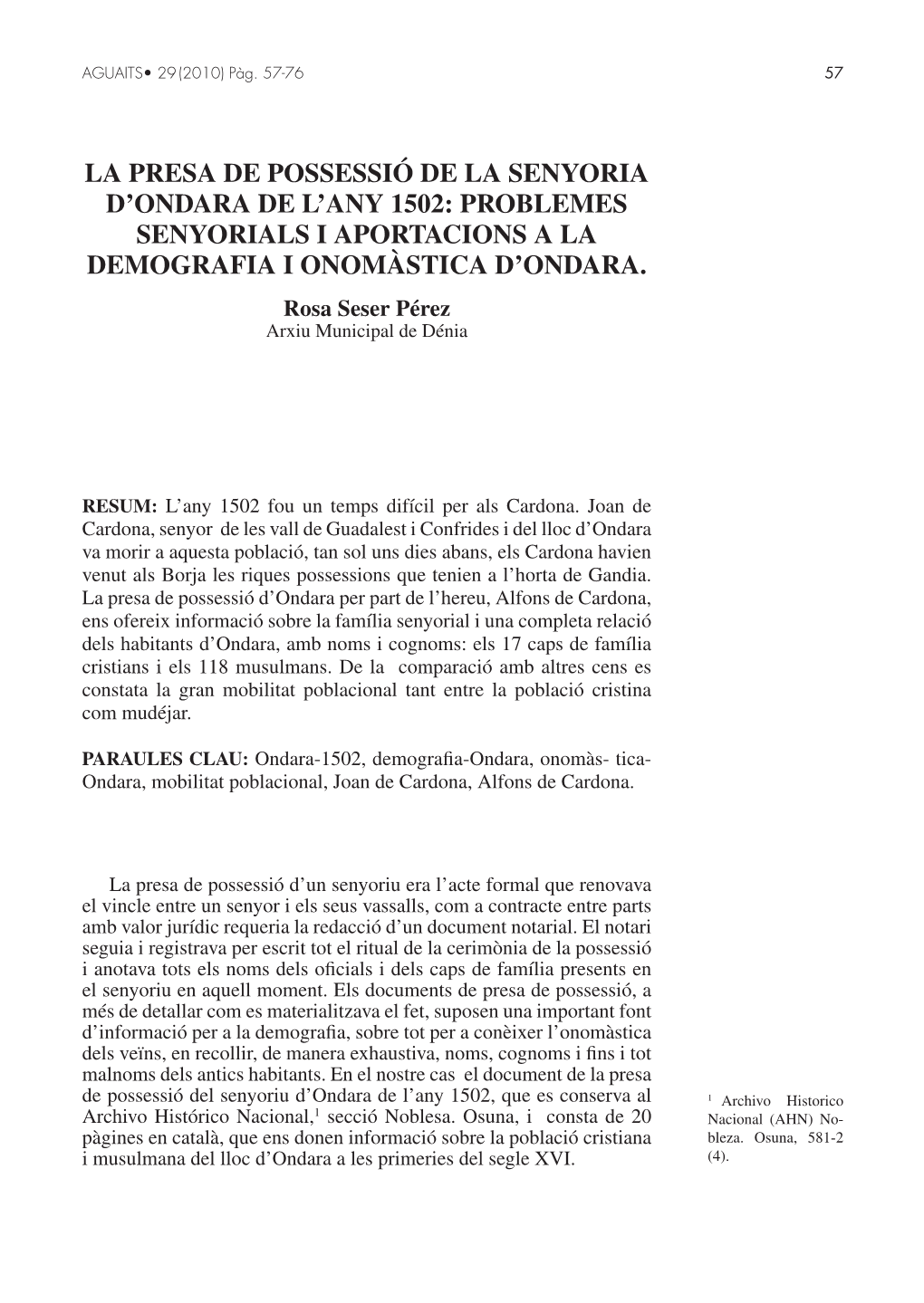 Problemes Senyorials I Aportacions a La Demografia I Onomàstica D'ondara