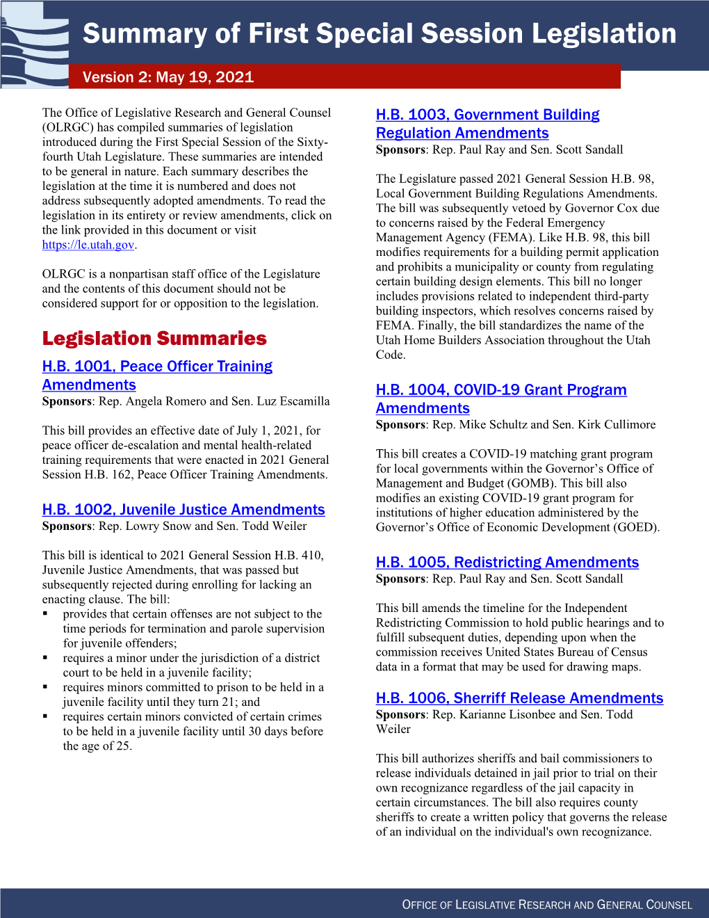 Summary of First Special Session Legislation