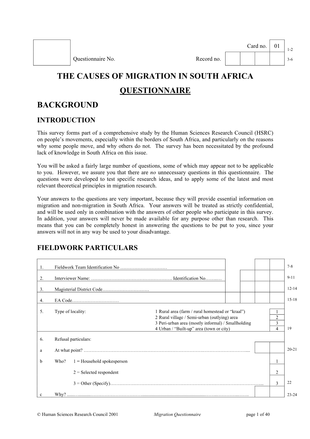 The Causes of Migration in South Africa Questionnaire