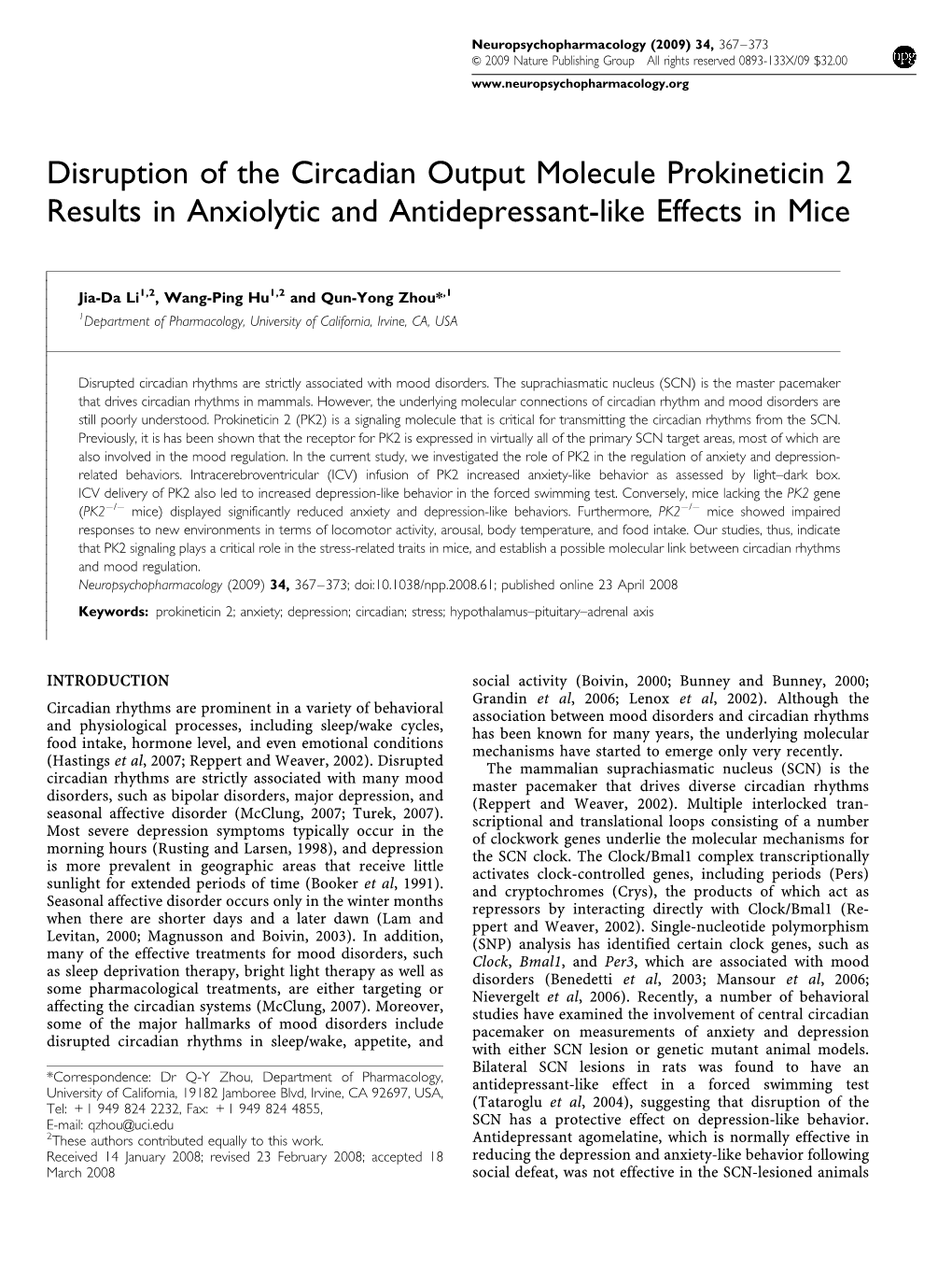 Disruption of the Circadian Output Molecule Prokineticin 2 Results in Anxiolytic and Antidepressant-Like Effects in Mice