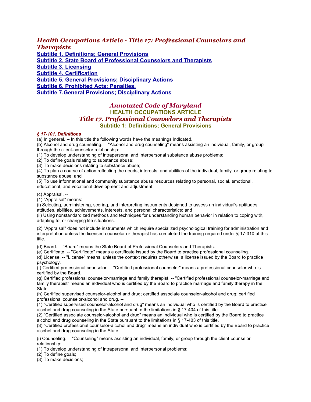 Health Occupations Article - Title 17: Professional Counselors and Therapists