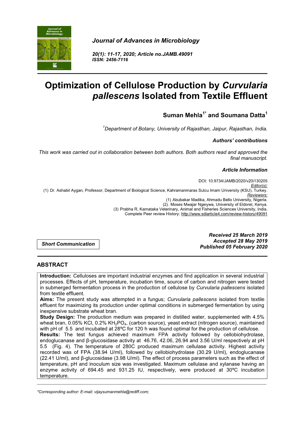 Optimization of Cellulose Production by Curvularia Pallescens Isolated from Textile Effluent