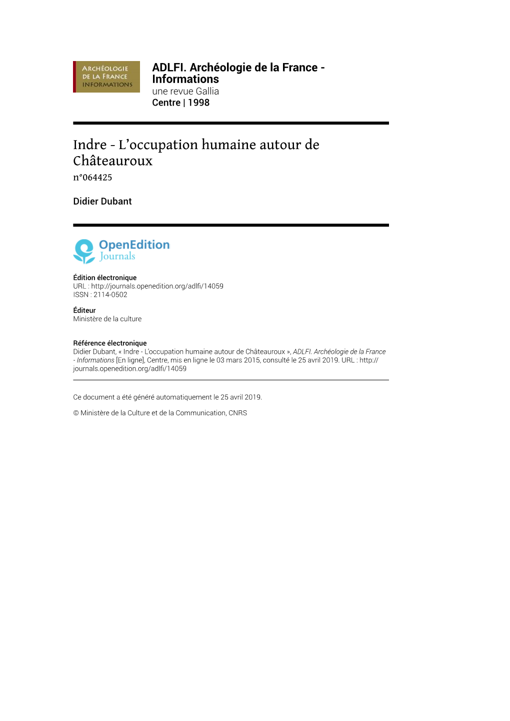 ADLFI. Archéologie De La France - Informations Une Revue Gallia Centre | 1998