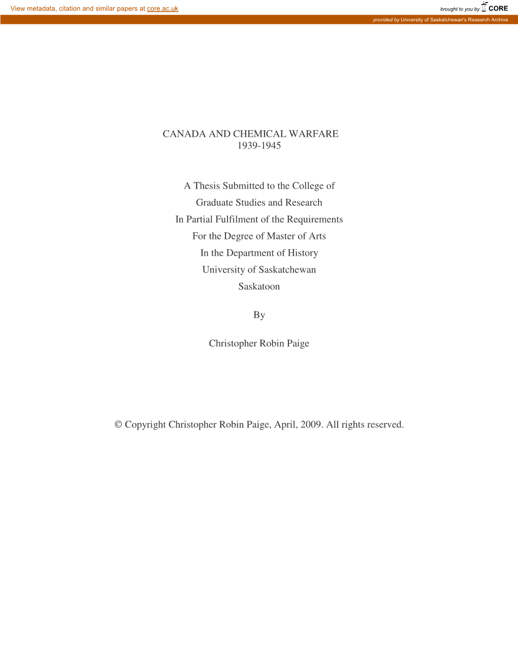 CANADA and CHEMICAL WARFARE 1939-1945 a Thesis Submitted To