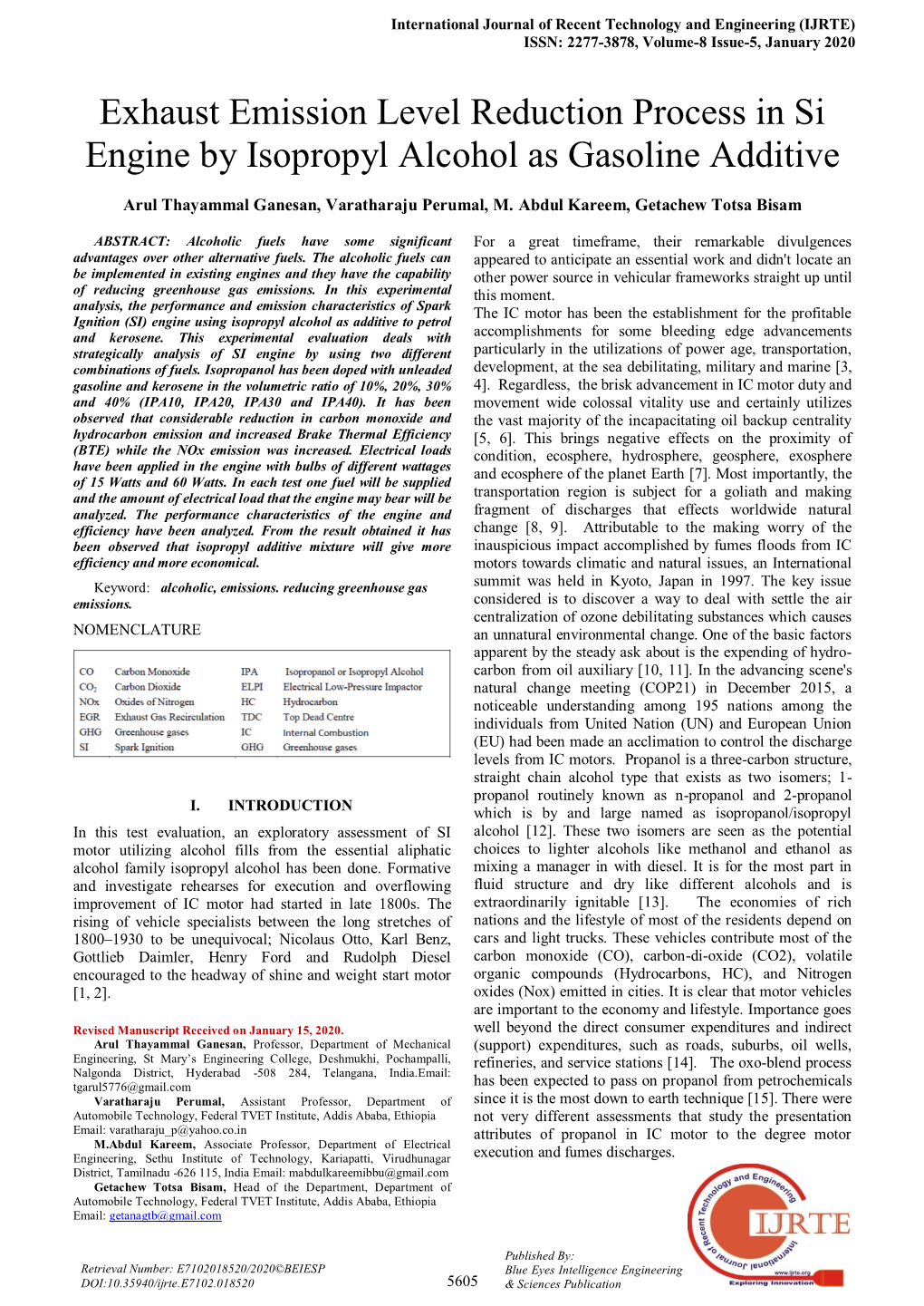 Exhaust Emission Level Reduction Process in Si Engine by Isopropyl Alcohol As Gasoline Additive