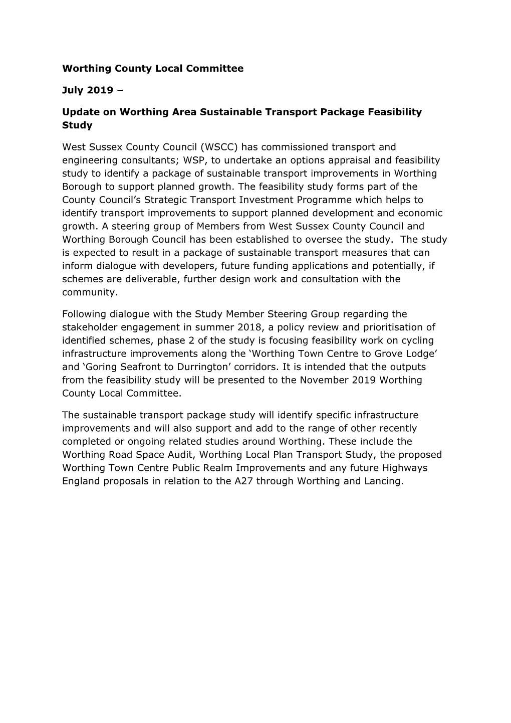 Update on Worthing Area Sustainable Transport Package Feasibility Study