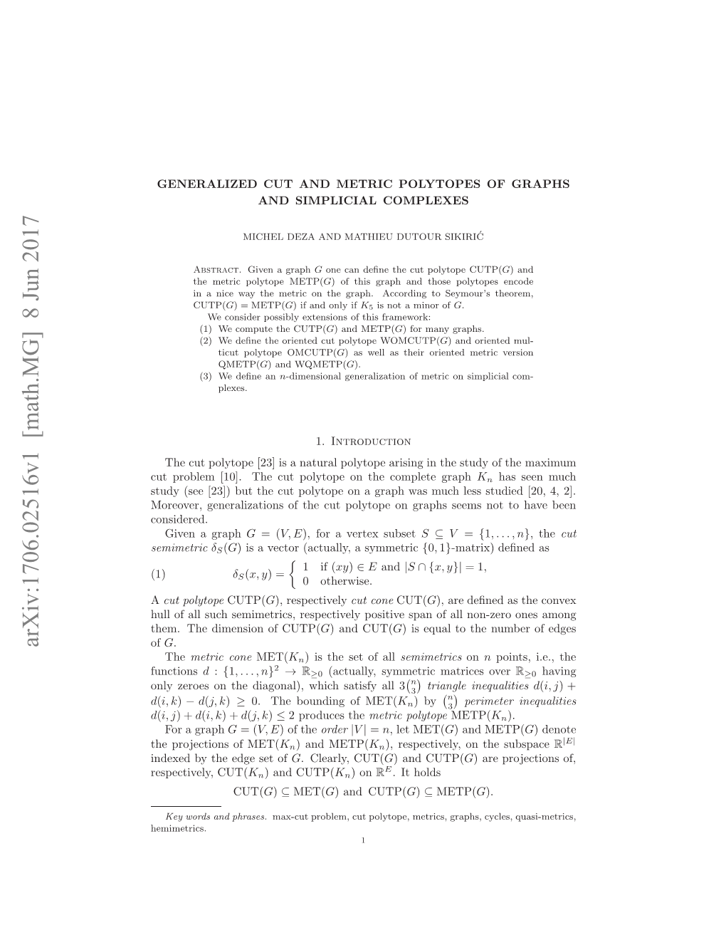 Generalized Cut and Metric Polytopes of Graphs and Simplicial Complexes3