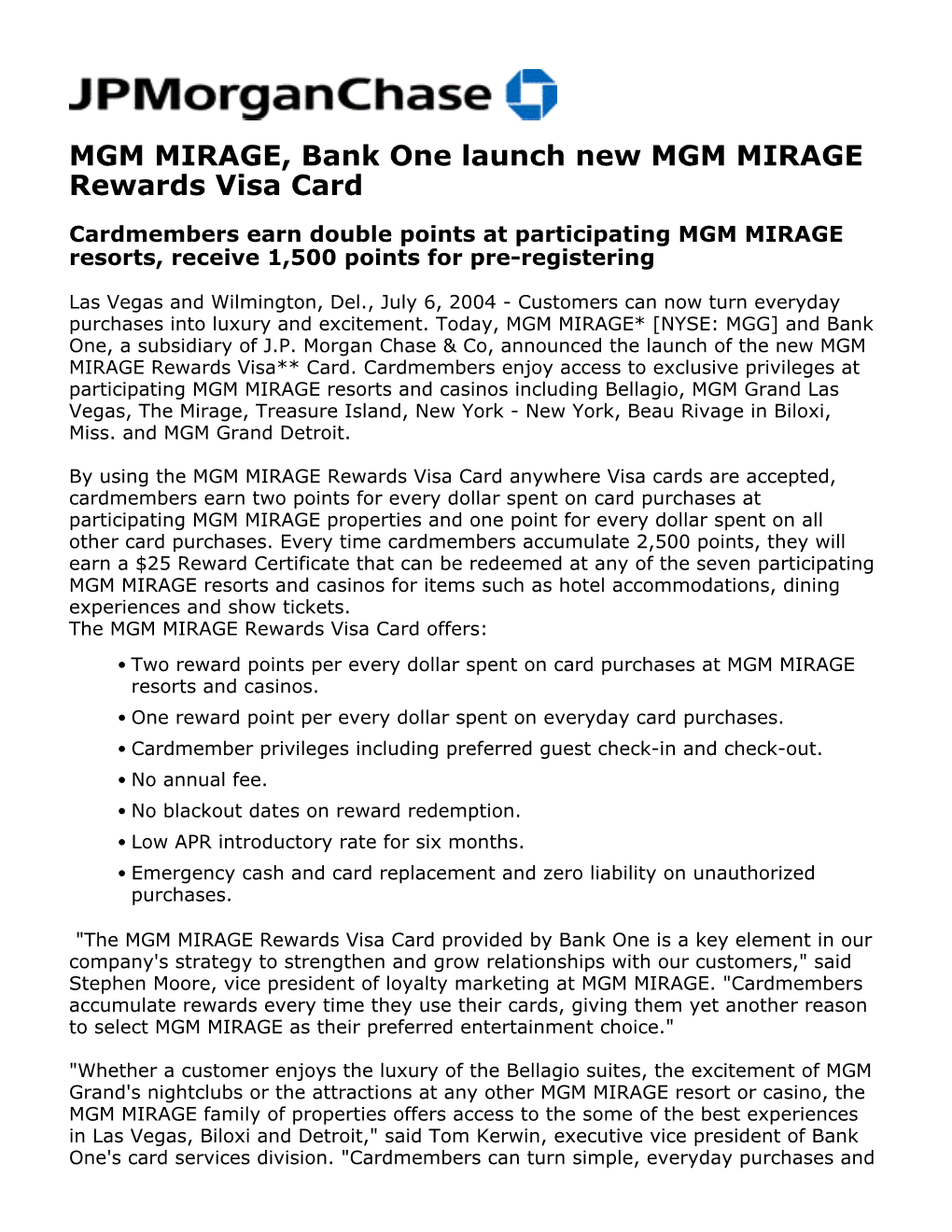 MGM MIRAGE, Bank One Launch New MGM MIRAGE Rewards Visa Card