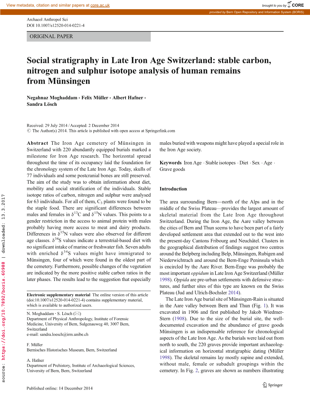 Stable Carbon, Nitrogen and Sulphur Isotope Analysis of Human Remains from Münsingen