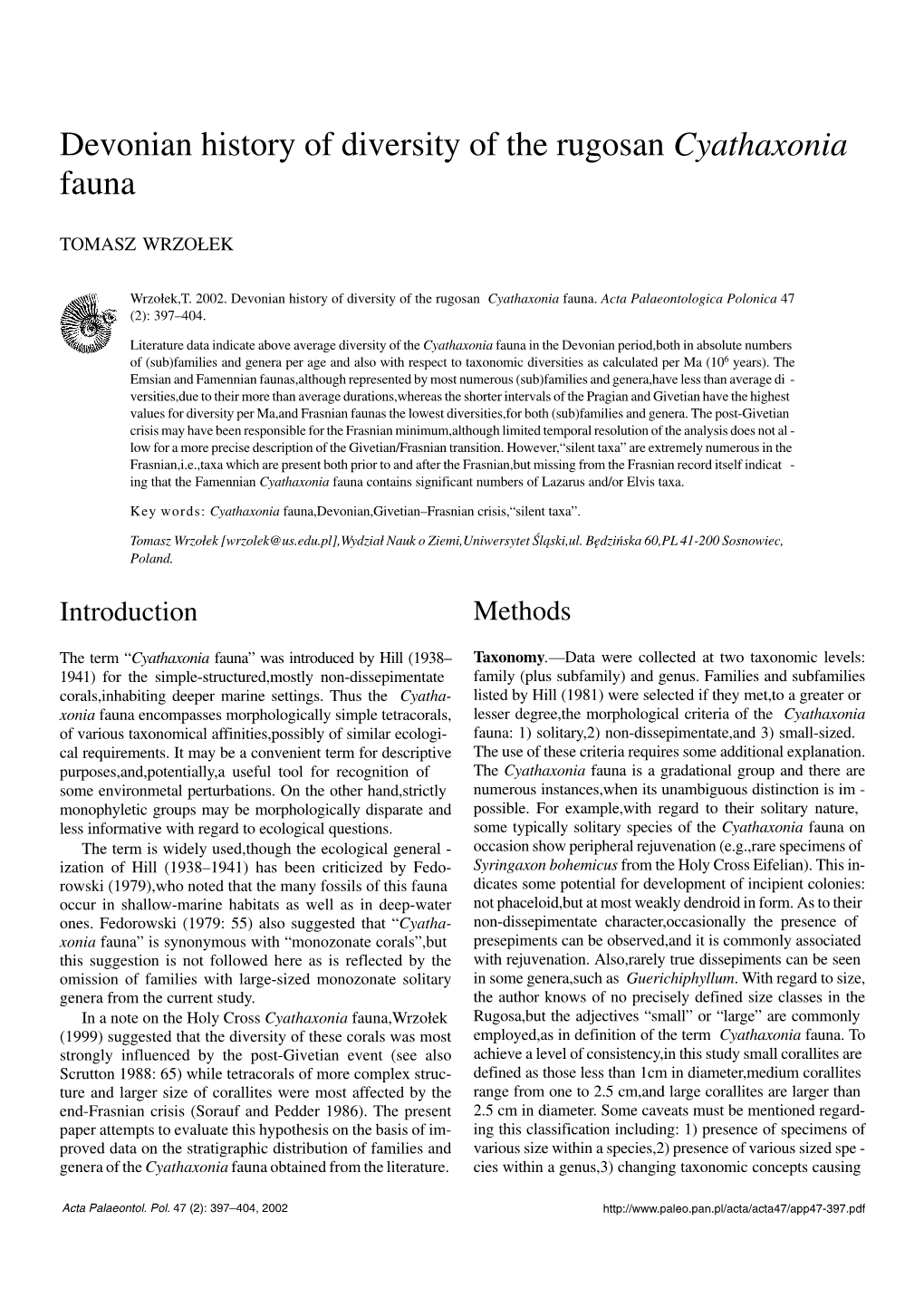 Devonian History of Diversity of the Rugosan Cyathaxonia Fauna