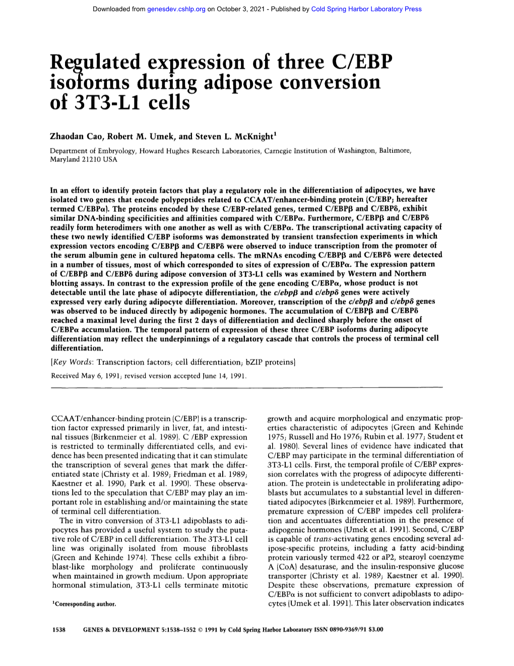 Regulated Expression of Three C/EBP Lsoforms During Adipose Conversion of 3T3-L1 Cells