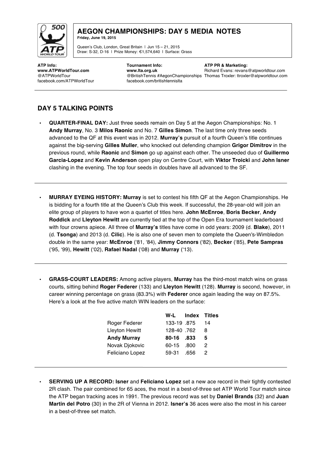 AEGON CHAMPIONSHIPS: DAY 5 MEDIA NOTES Friday, June 19, 2015