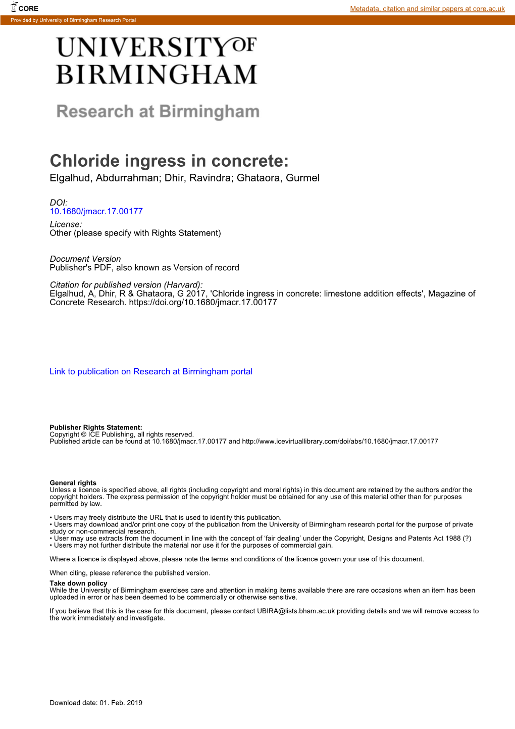 Chloride Ingress in Concrete: Limestone Addition Effects', Magazine of Concrete Research