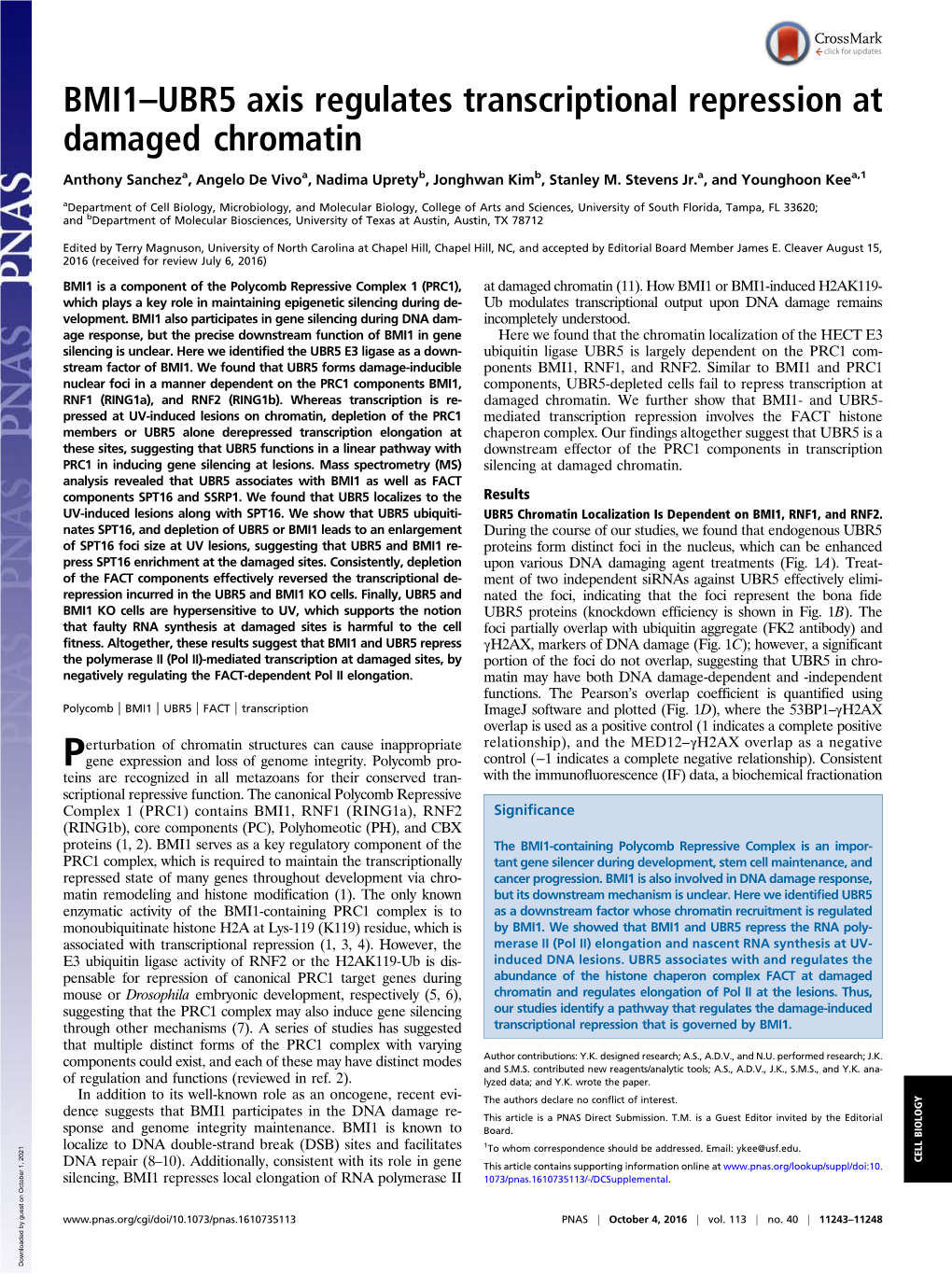 BMI1–UBR5 Axis Regulates Transcriptional Repression at Damaged Chromatin