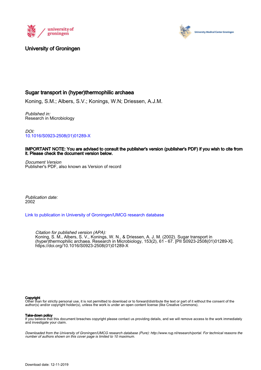 (Hyper)Thermophilic Archaea Koning, SM; Albers, SV