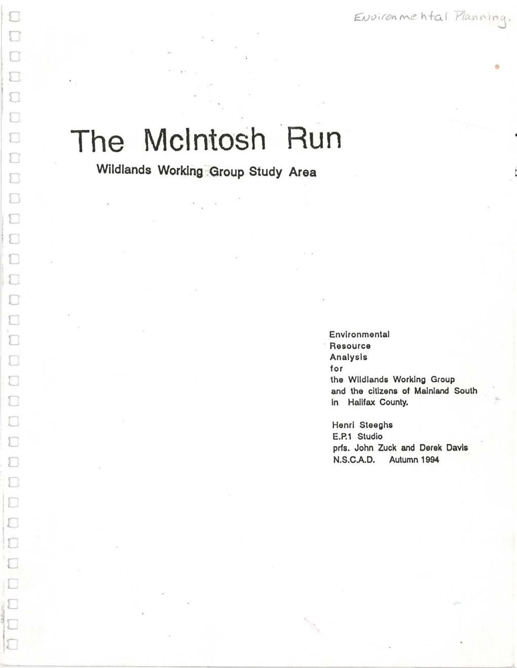 The Mcintosh Run Drainage ;C, System and the Nearby Coastal Zone