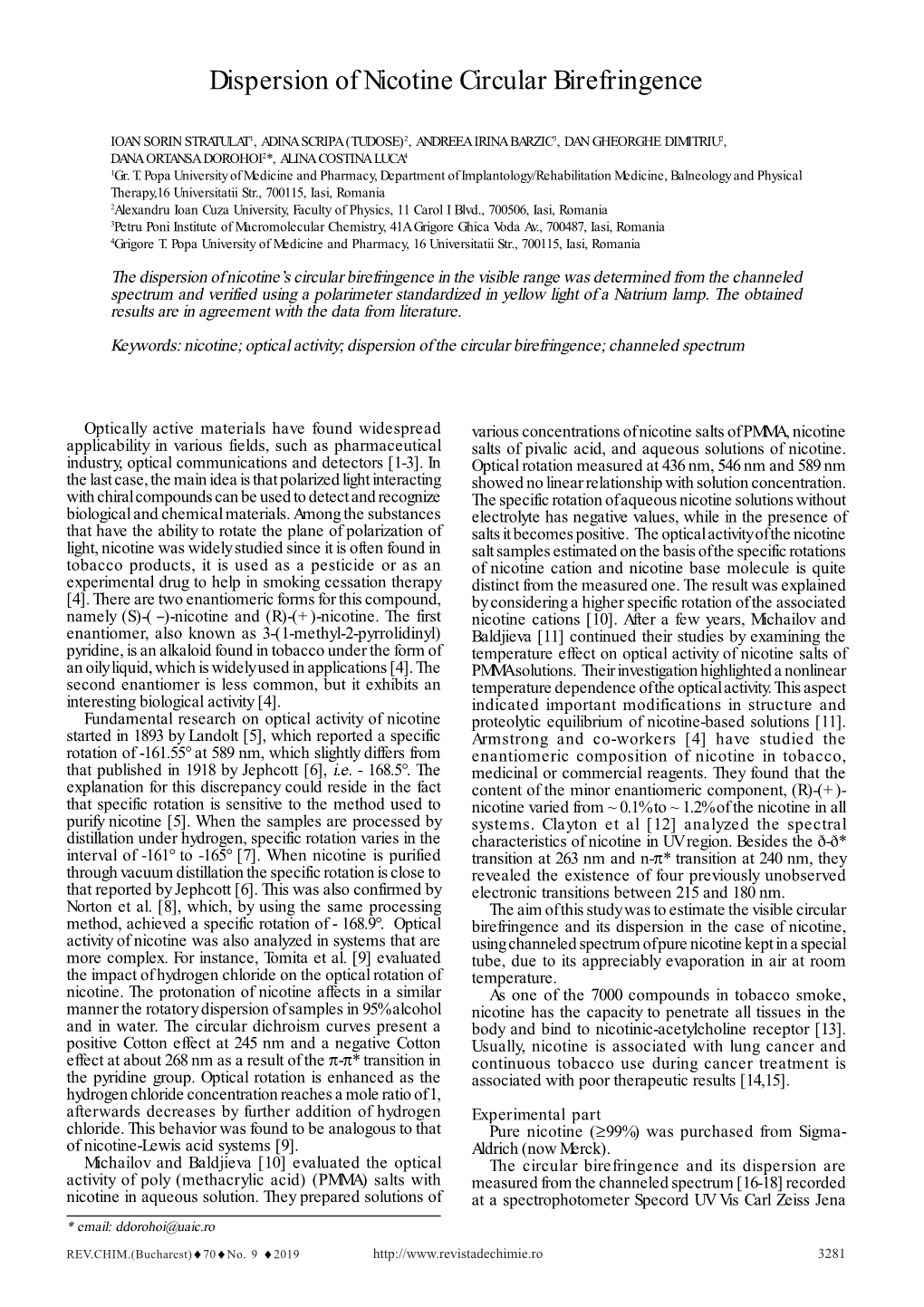 Dispersion of Nicotine Circular Birefringence