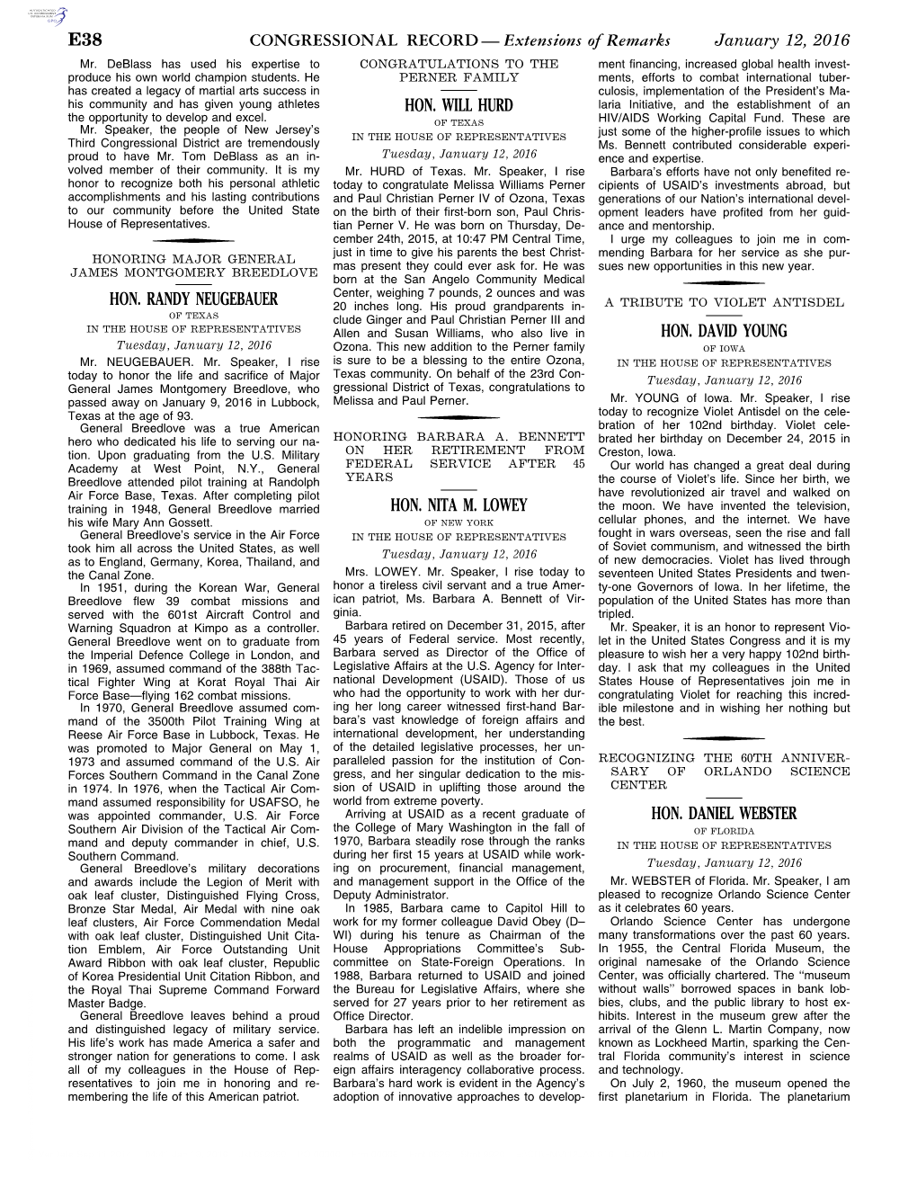 CONGRESSIONAL RECORD— Extensions of Remarks E38 HON