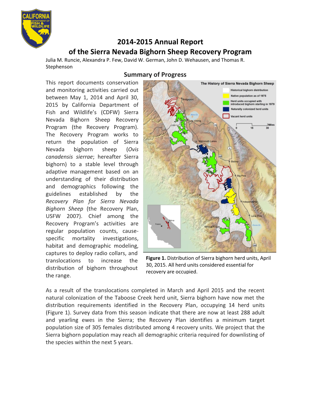2014-2015 Annual Report of the Sierra Nevada Bighorn Sheep Recovery Program Julia M