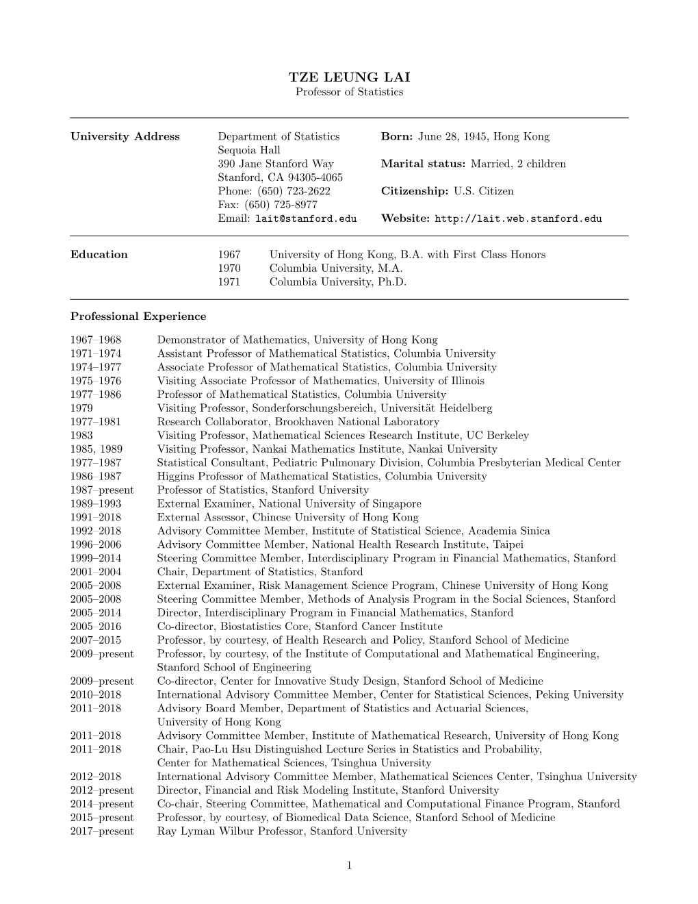 TZE LEUNG LAI Professor of Statistics