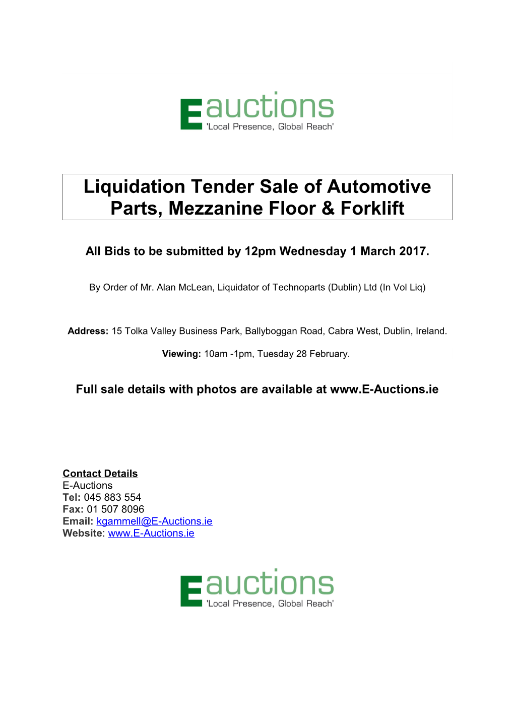 Liquidation Tender Sale of Automotive Parts, Mezzanine Floor & Forklift