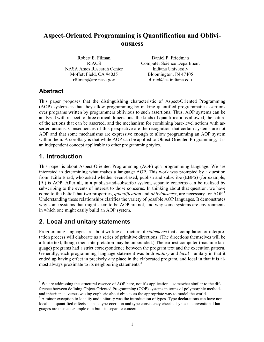 Aspect-Oriented Programming Is Quantification and Oblivi- Ousness