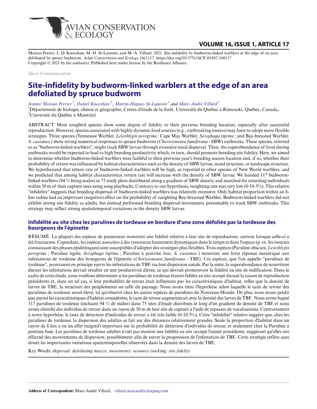 Site-Infidelity by Budworm-Linked Warblers at the Edge of an Area Defoliated by Spruce Budworm