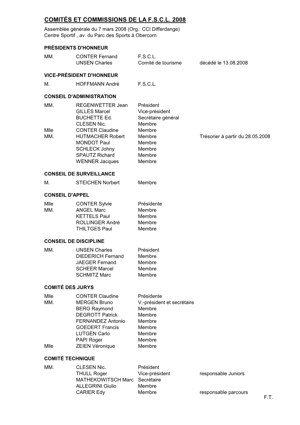 COMITÉS ET COMMISSIONS DE LA F.S.C.L. 2008 Assemblée Générale Du 7 Mars 2008 (Org.: CCI Differdange) Centre Sportif , Av