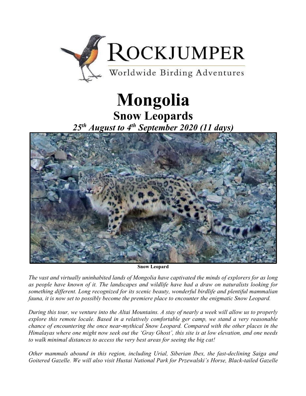 Mongolia Snow Leopards 25Th August to 4Th September 2020 (11 Days)