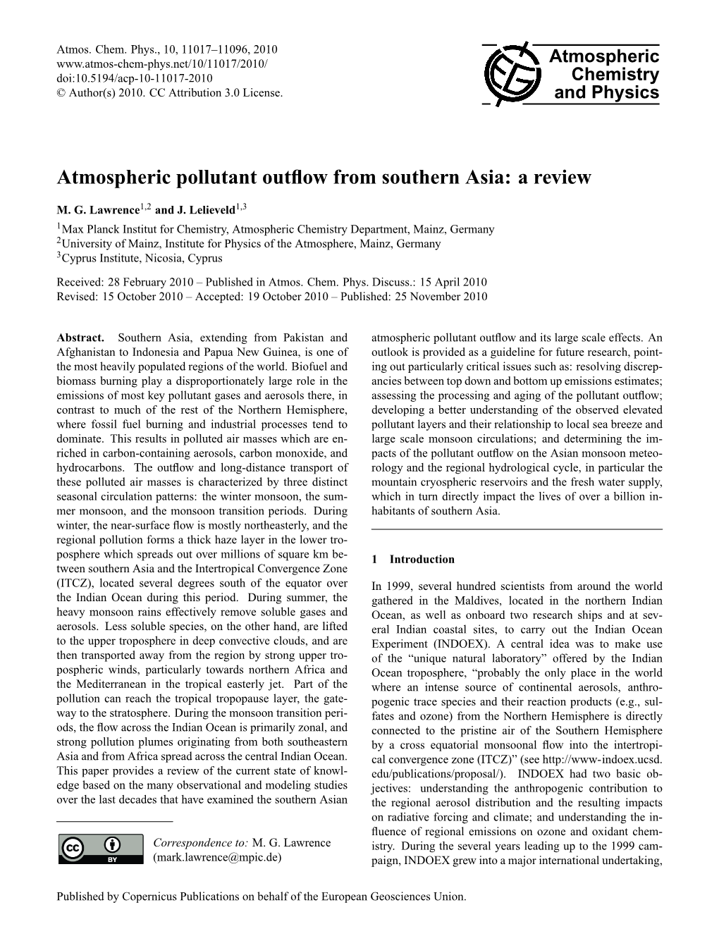 Atmospheric Pollutant Outflow from Southern Asia