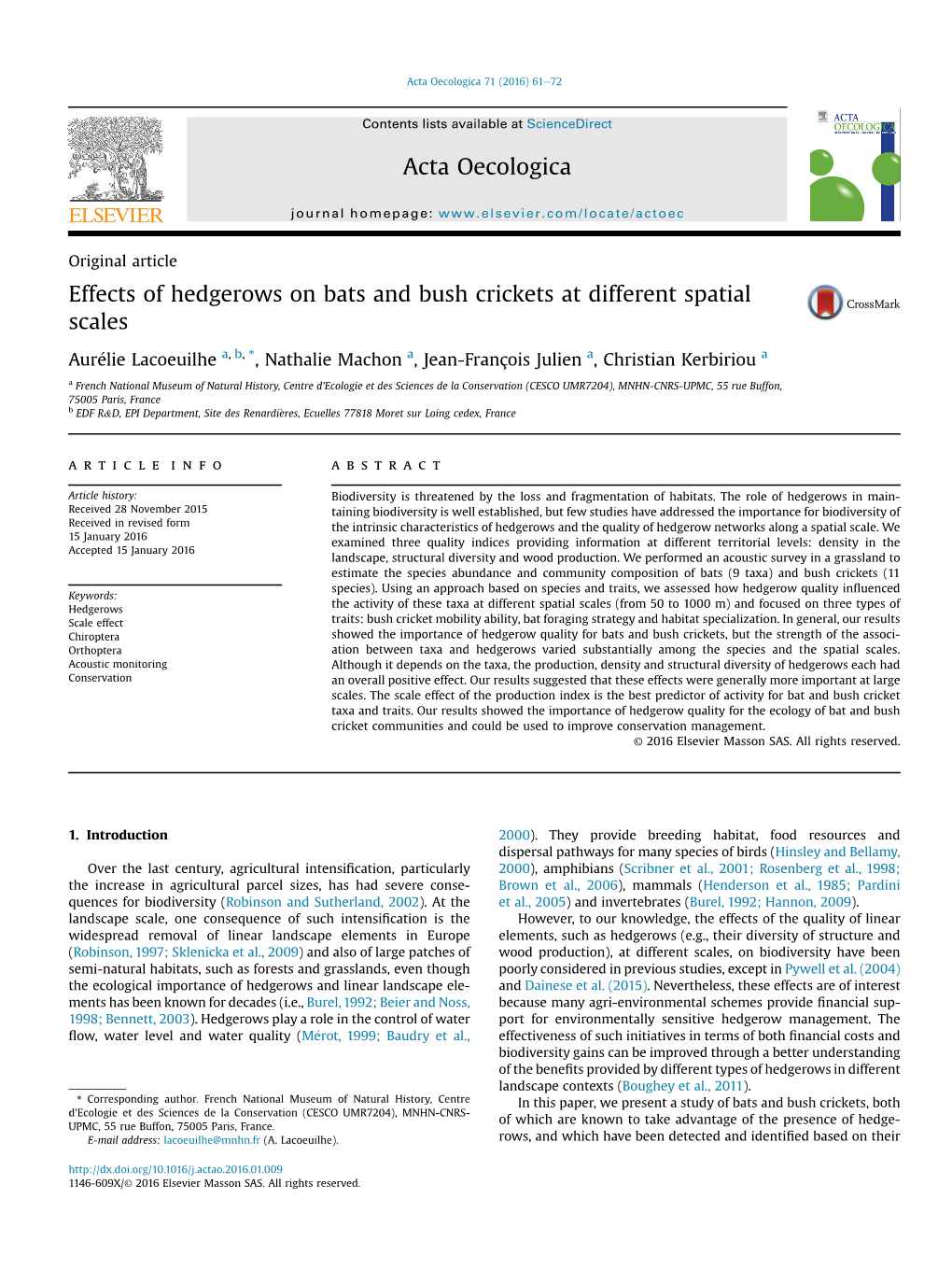 Lacoeuilhe Et Al. 2016, "Effects of Hedgerows on Bats and Bush