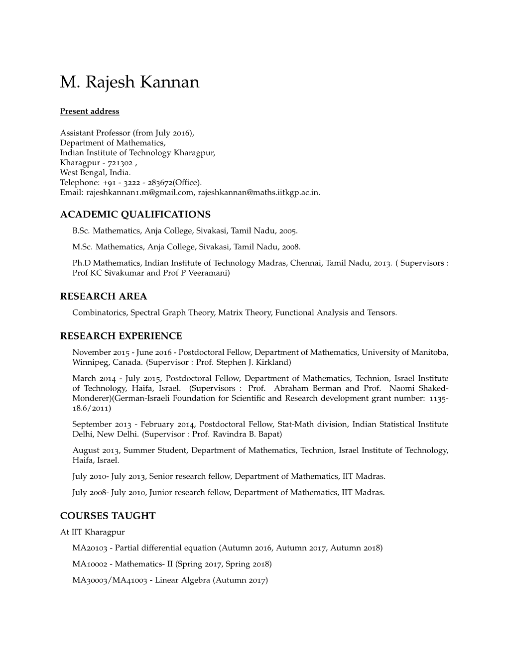 M. Rajesh Kannan: Curriculum Vitae