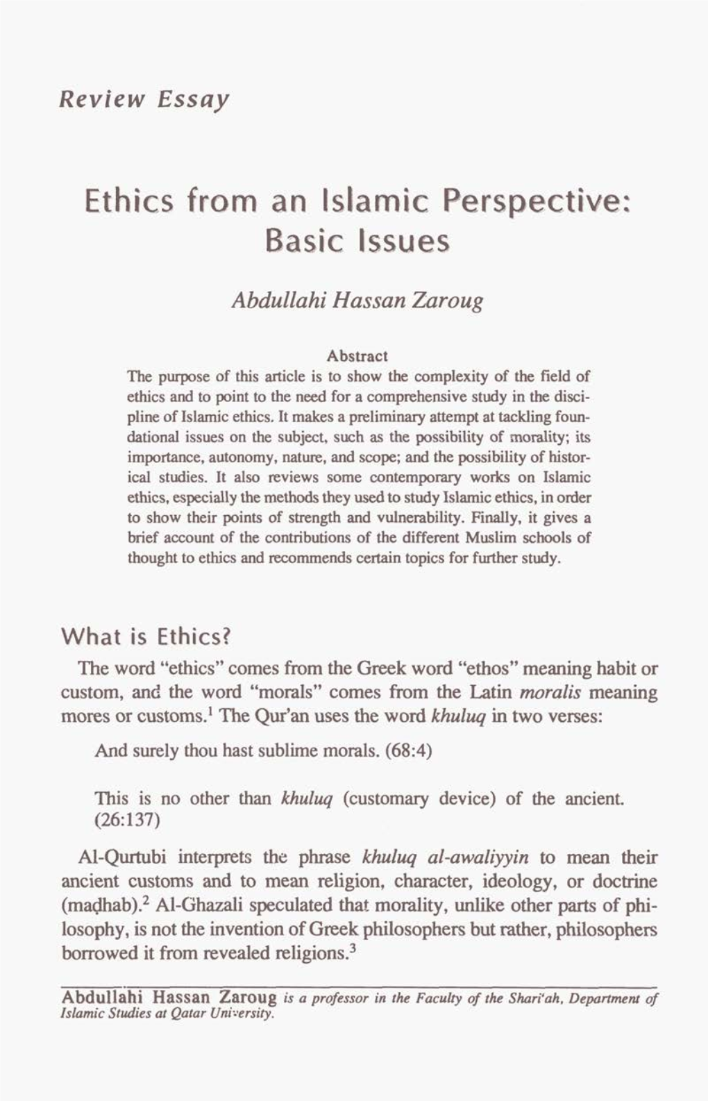 Ethics from an Islamic Perspective: Basic Issues