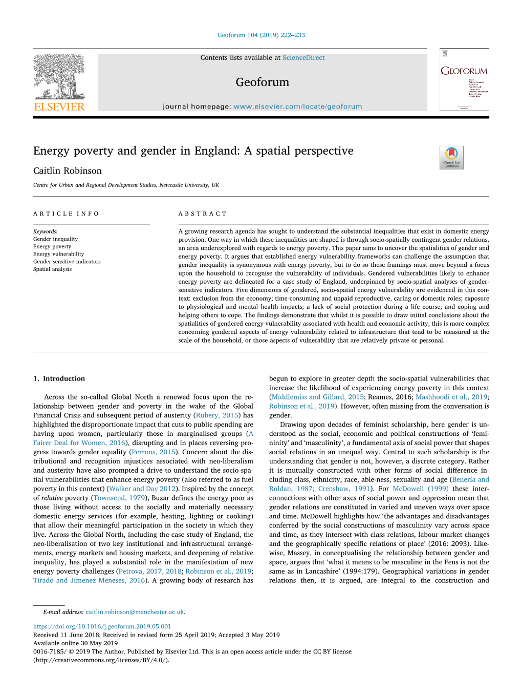 Energy Poverty and Gender in England a Spatial Perspective