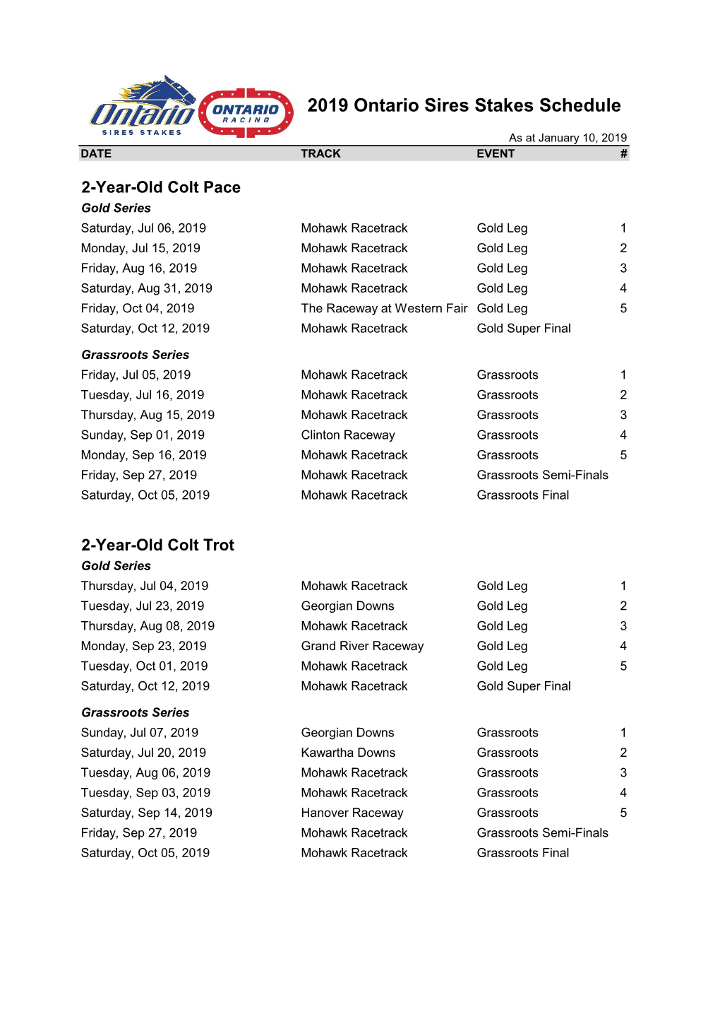 2019 Ontario Sires Stakes Schedule