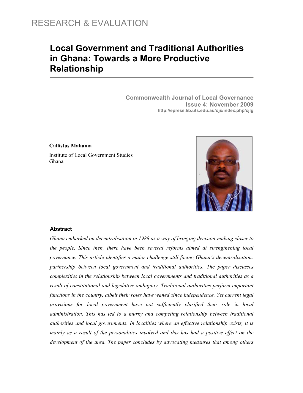 Local Government and Traditional Authorities in Ghana: Towards a More Productive Relationship