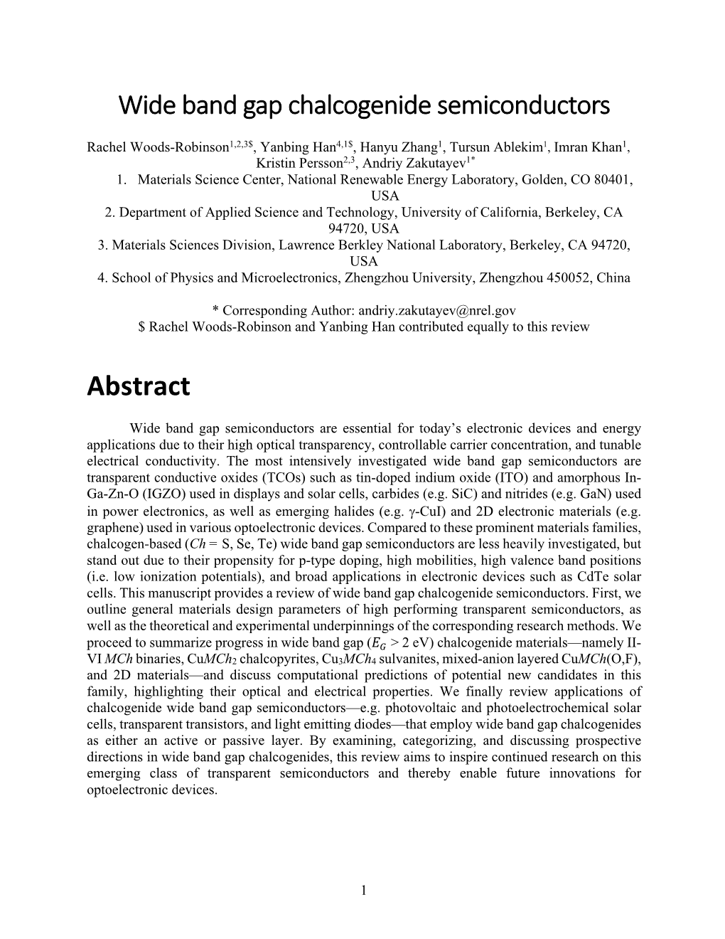 Wide Band Gap Chalcogenide Semiconductors