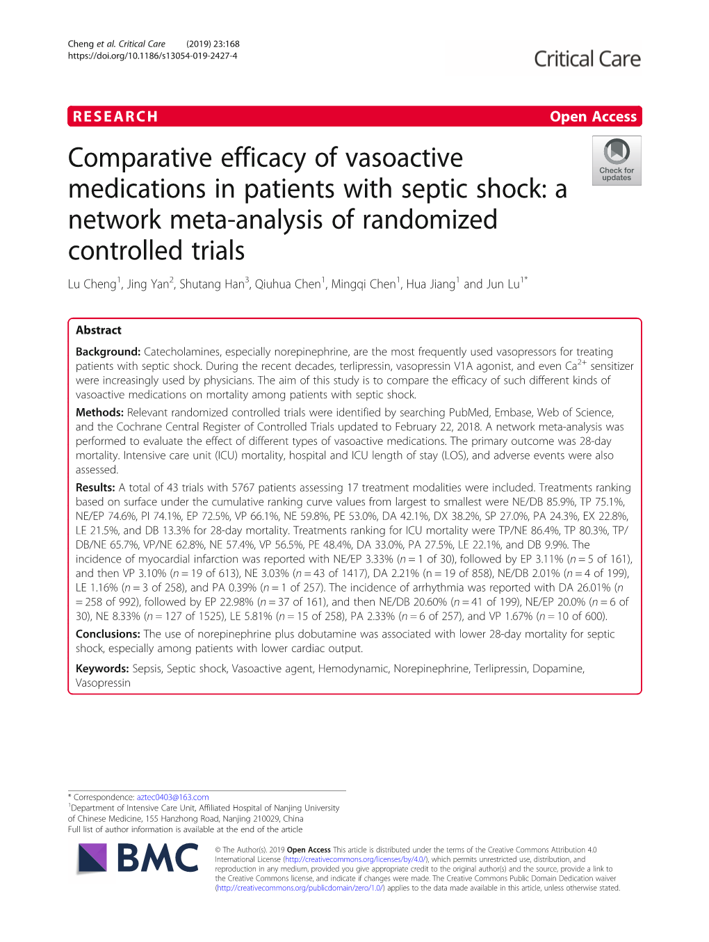 Comparative Efficacy of Vasoactive Medications in Patients with Septic