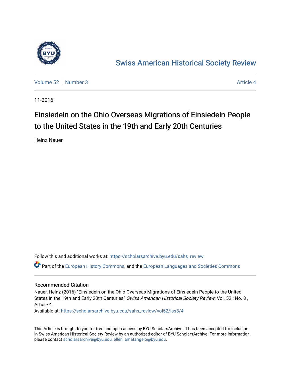 Einsiedeln on the Ohio Overseas Migrations of Einsiedeln People to the United States in the 19Th and Early 20Th Centuries