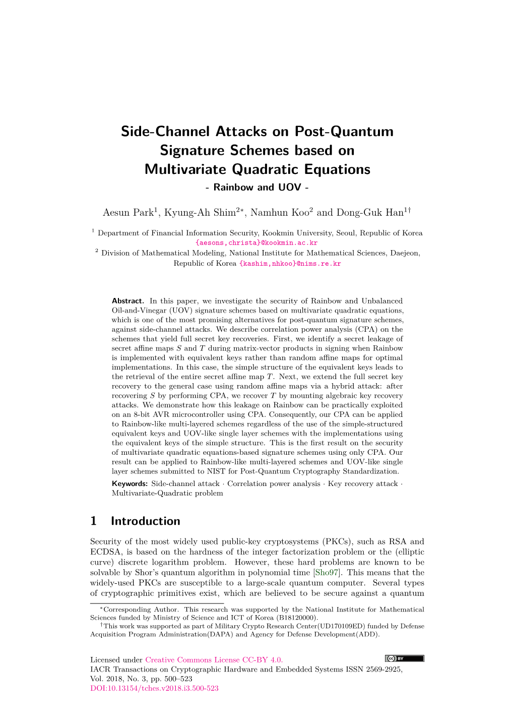 Side-Channel Attacks on Post-Quantum Signature Schemes Based on Multivariate Quadratic Equations - Rainbow and UOV