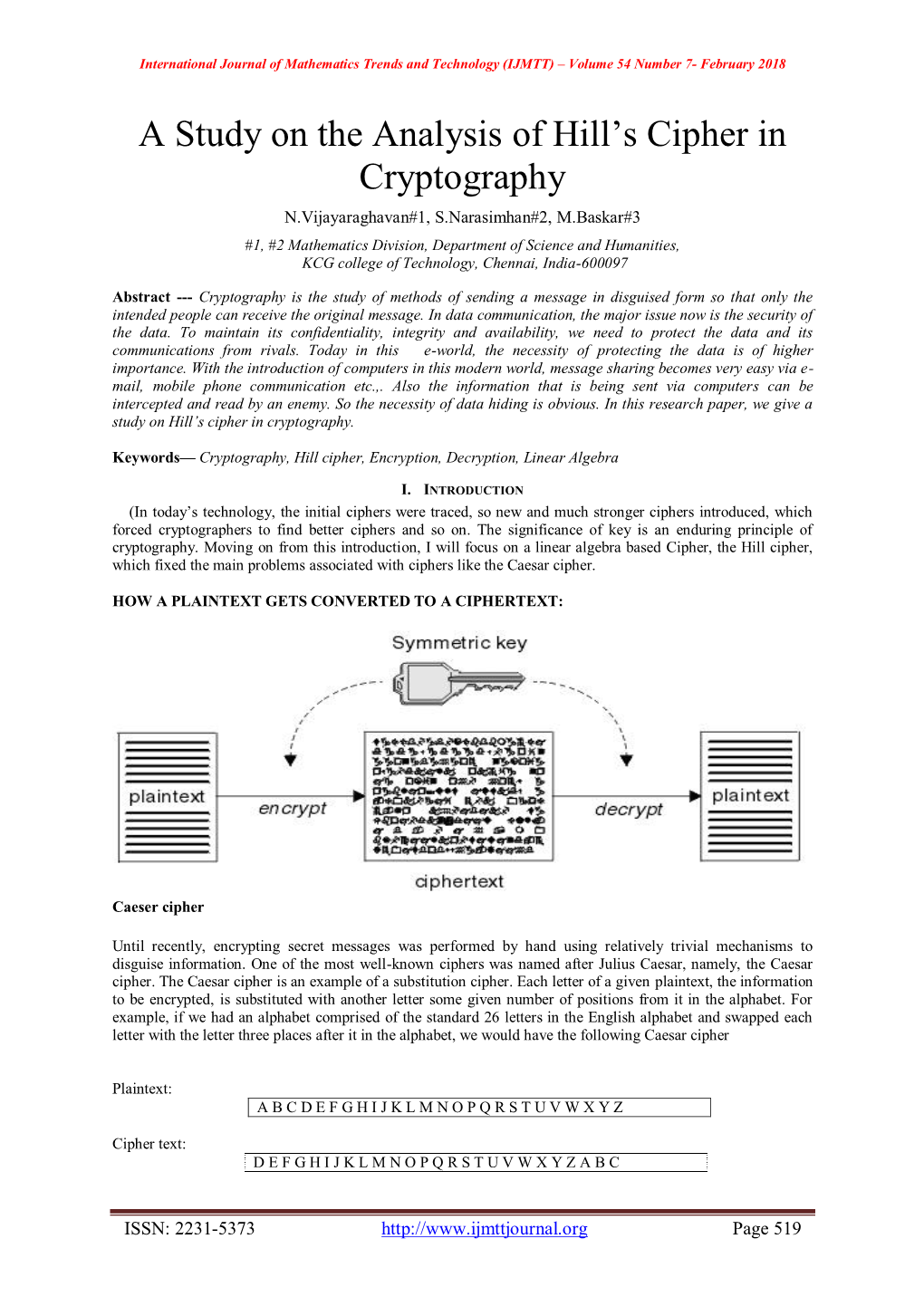 A Study on the Analysis of Hill's Cipher in Cryptography