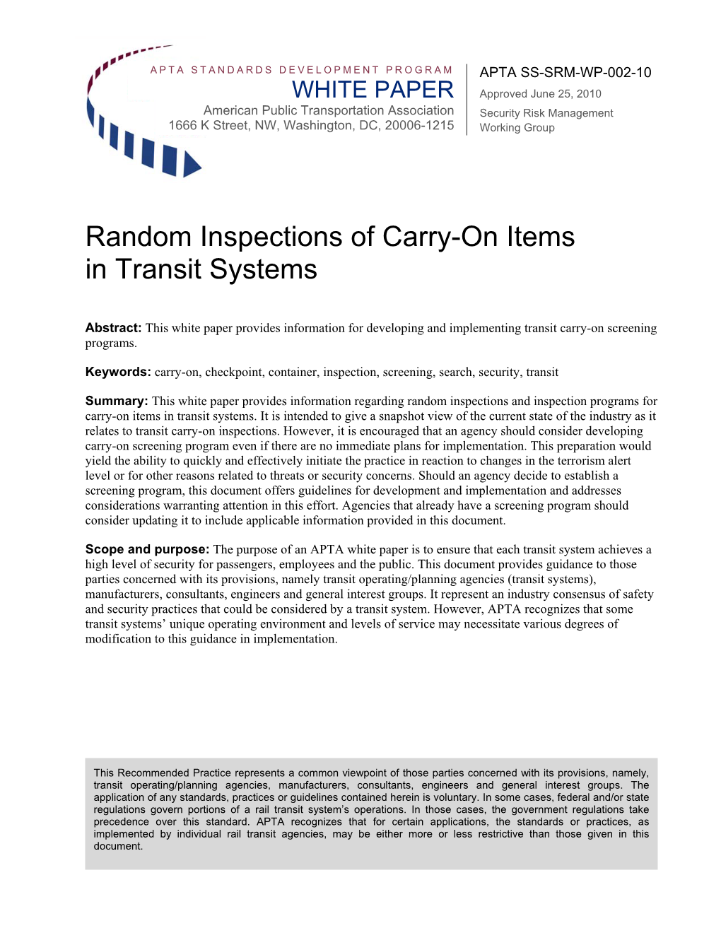 Random Inspections of Carry-On Items in Transit Systems