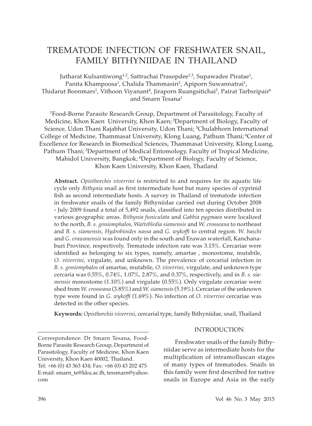 Trematode Infection of Freshwater Snail, Family Bithyniidae in Thailand