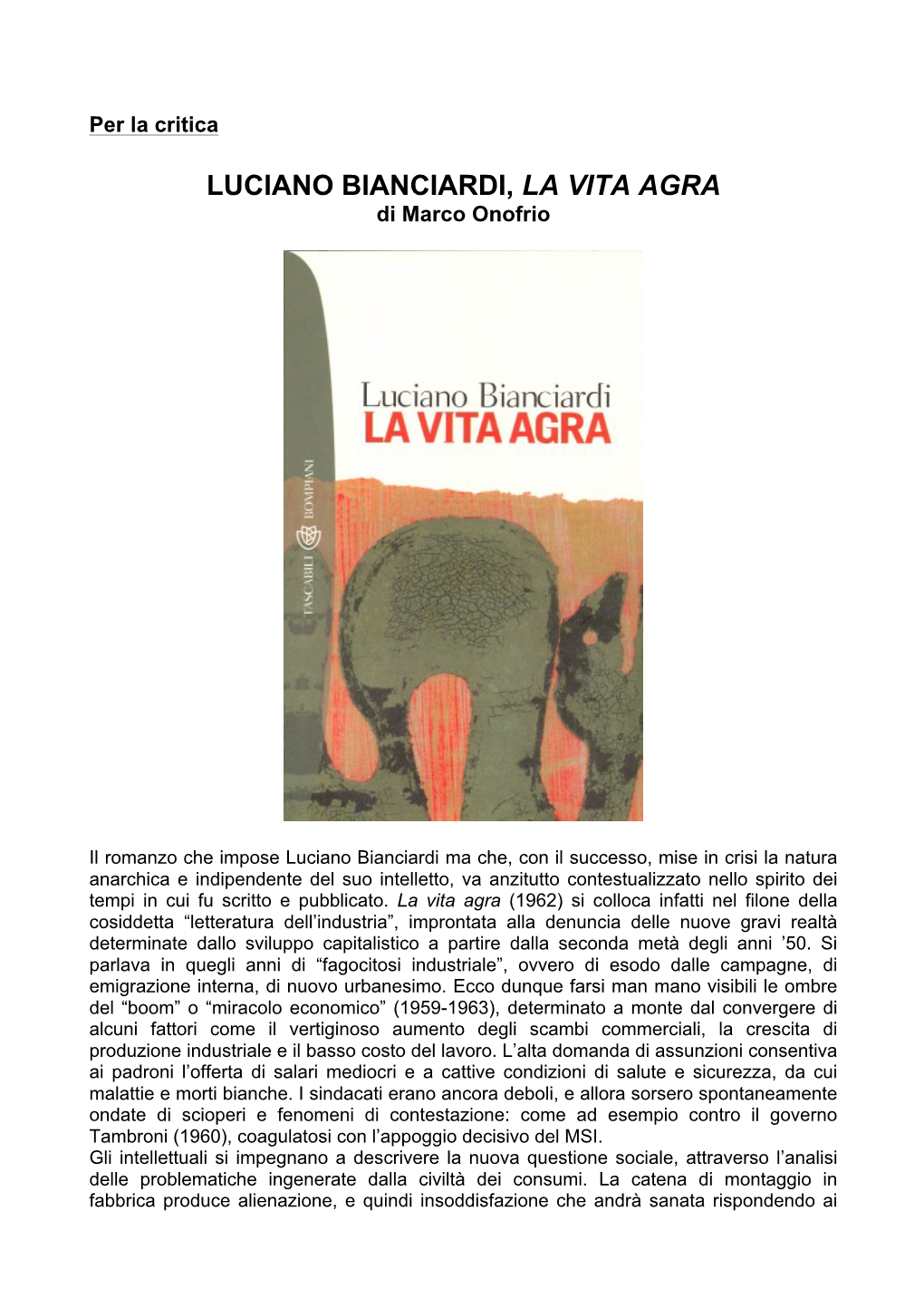 LUCIANO BIANCIARDI, LA VITA AGRA Di Marco Onofrio