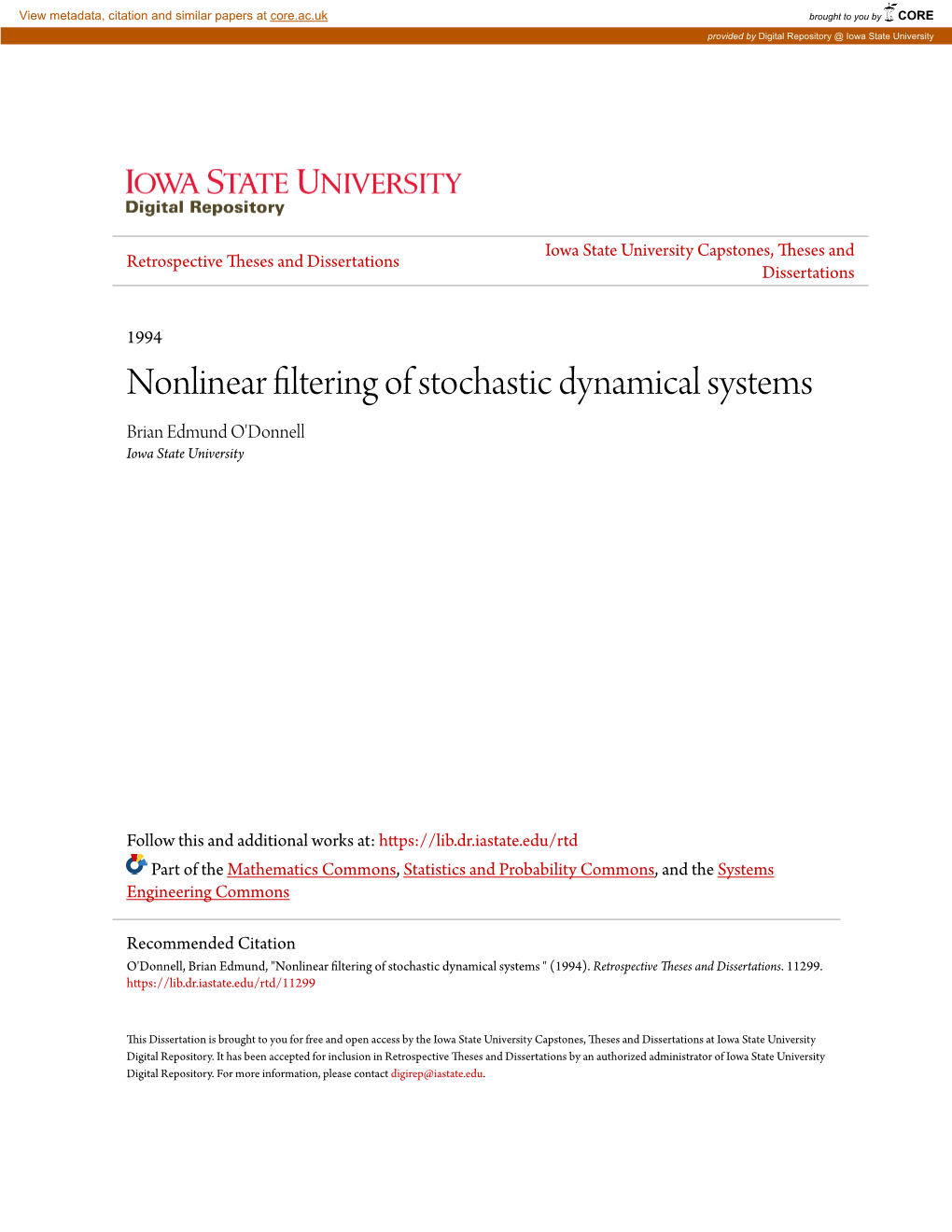 Nonlinear Filtering of Stochastic Dynamical Systems Brian Edmund O'donnell Iowa State University