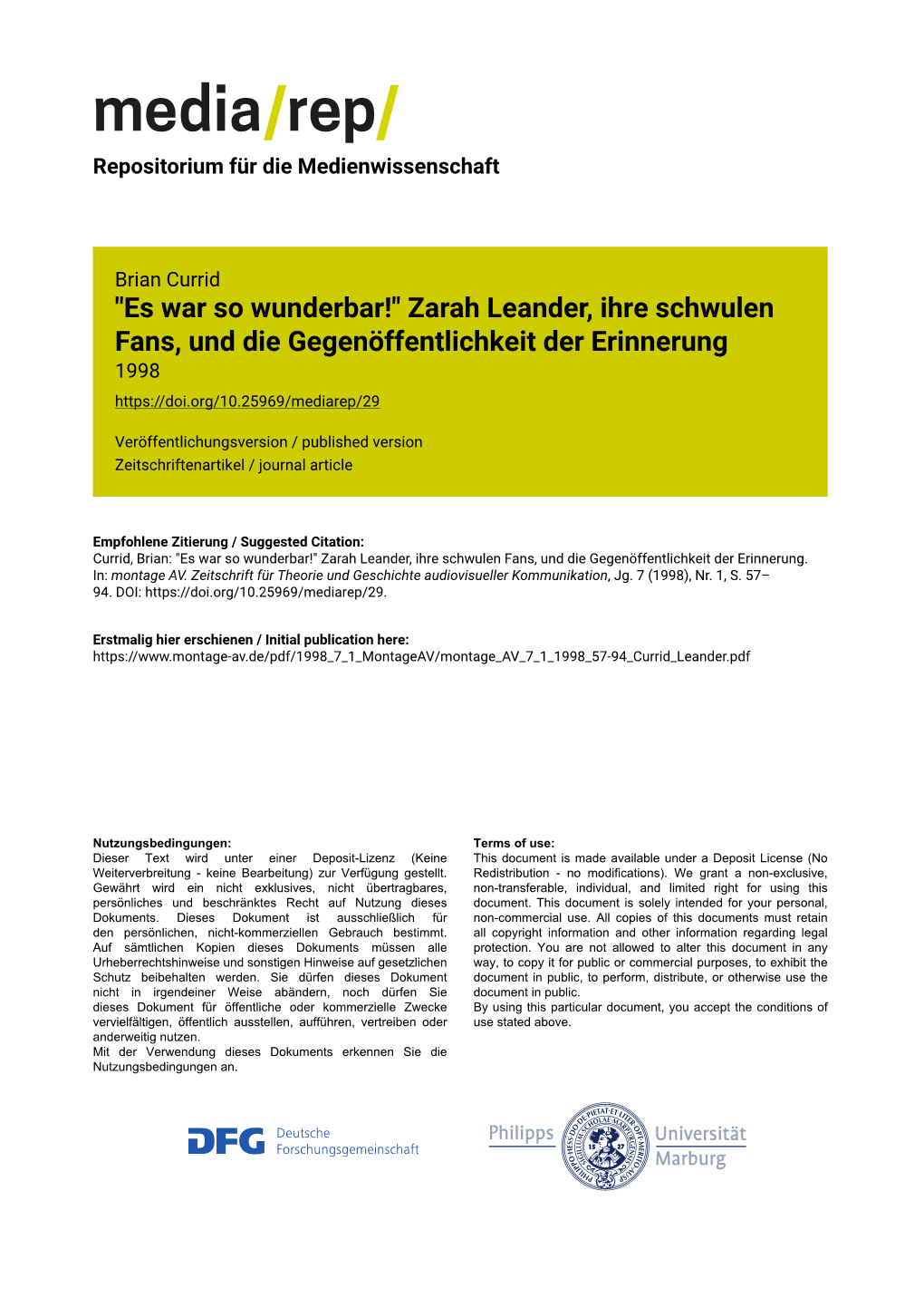 "Es War So Wunderbar!" Zarah Leander, Ihre Schwulen Fans, Und Die Gegenöffentlichkeit Der Erinnerung 1998